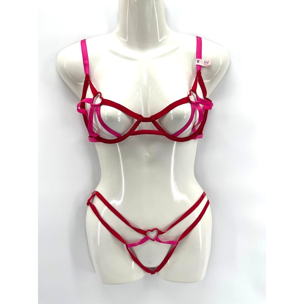 Victoria Secret Very Sexy Heart Red Strappy Lingerie Bra Panty Set S-DD/M New